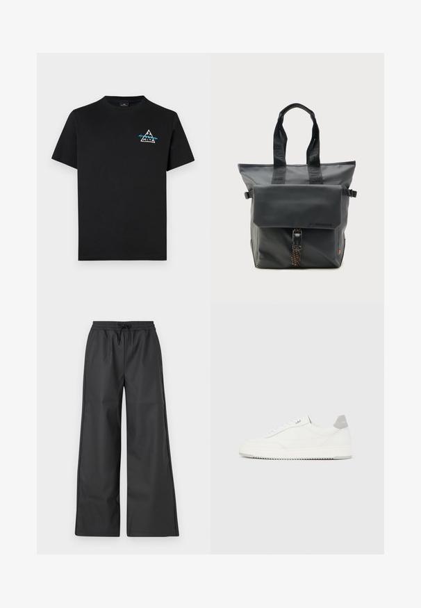 Melna kokvilnas t-kreklu ar trīsstūra kalnu grafiku baltā un zila krāsā, ar īsām piedurknēm un apaļu kakla izgriezumu.; Han Kjøbenhavn RELAXED TRACK TROUSERS - Auduma bikses - black; Balts zems kedu pāris ar pelēku papēža cilpu, baltām šņorzīmēm un teksturētu zolīti, attēlots uz vienkārša gaiša fona.; Melna tote stila soma ar augšējām rokām, priekšējā atloka kabata, kas aizslēgta ar sprādzi un oranžā punktiņainā lenti, minimālistisks dizains vienkāršā fonā.