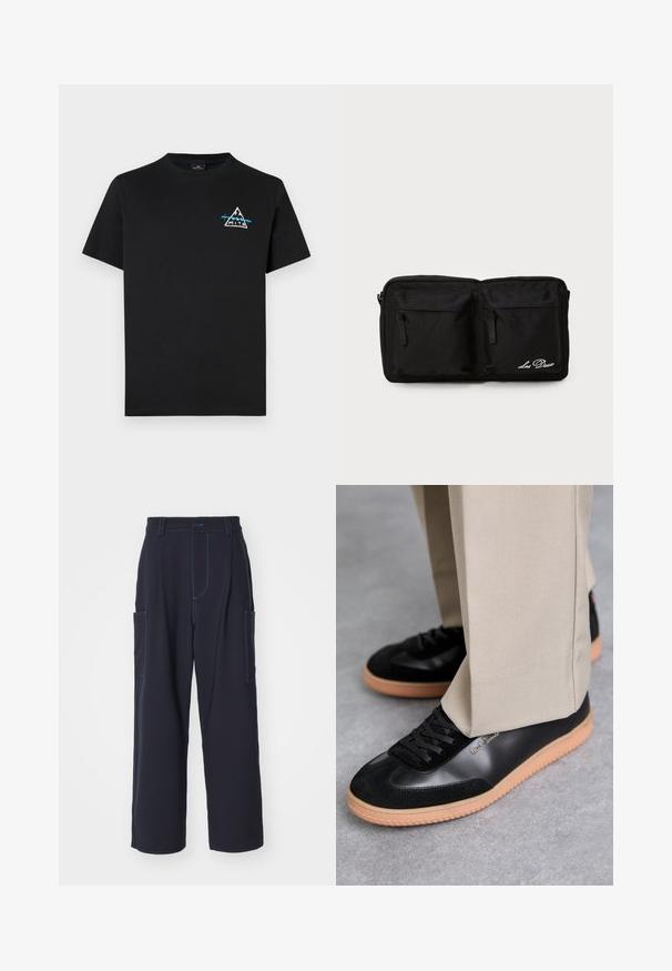Camiseta de algodón negra con un gráfico de montaña triangular en blanco y azul, con mangas cortas y diseño de cuello redondo.; Pantalones cargo en azul marino con costuras azules, cinturilla elástica, dos bolsillos laterales, diseño de pierna recta y textura de tela suave.; Paul Smith COMO - Zapatillas - black; Pouch de tela negra con dos bolsillos frontales con cremallera, texto bordado, forma rectangular, textura duradera y diseño discreto.