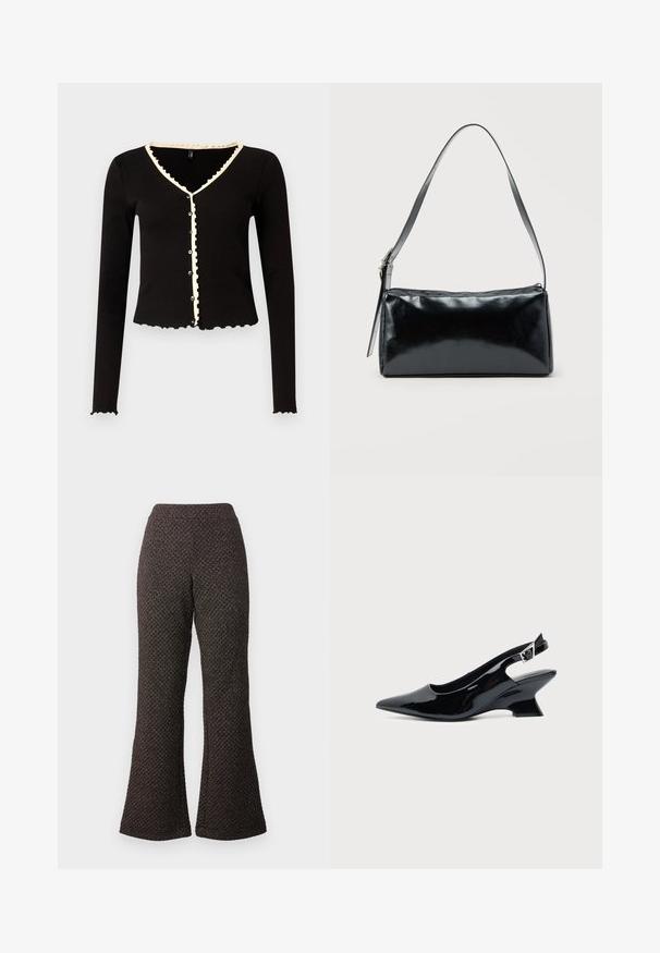 Cardigan negro de canalé con mangas largas, bordes festoneados y un ribete crema en el escote y la cinta de botones. Cuenta con botones en la parte frontal.; Pantalones negros acampanados hechos de un tejido texturizado con un diseño de punto, que cuentan con una cintura alta y piernas anchas.; Zapato slingback de cuero charol negro con puntera puntiaguda y tacón bajo en bloque inclinado sobre fondo claro liso.; Bolso de hombro rectangular negro con una correa ajustable y un cierre de cremallera superior sobre un fondo liso.