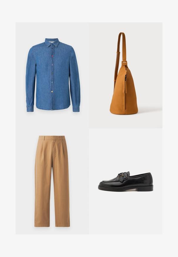 Denimskjorte i mørkeblå med klassisk krave, lange ærmer og flerfarvede knapper foran. Glat tekstur, lige kant.; Brune, brede bukser lavet af glat stof. Har høj talje med folder, bæltestropper og en enkelt frontlomme.; Sorte læder loafers med rund tå og en dekorativ spændeaccent. Flad, solid hæl og glat tekstur hele vejen igennem.; Tan læder crossbodytaske med justerbar rem og lodret lynlåslomme, vist fra siden mod en ensfarvet lys baggrund.