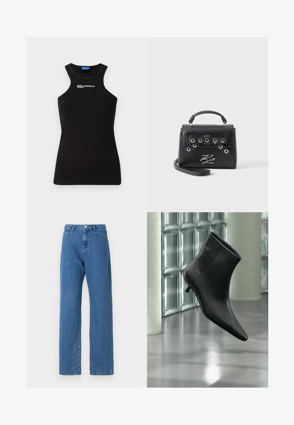 Zwart geribd tanktop met hoge halslijn en wit "Karl Lagerfeld Jeans"-logo gecentreerd vlak bij de kraag.; Lichtblauwe denim jeans met een hoge taille, wijde pijpen en een klassieke vijf-pocket design. De stof heeft een subtiele textuur.; Zwarte leren enkellaars met spits toelopende neus en lage kittenhak, schuin weergegeven tegen een gepolijste vloer en een glazen blokken muur als achtergrond.; Zwarte leren handtas met bovenhandvat, metalen oogjes aan de riem, zilveren metalen logo-embleem en afneembare schouderriem op witte achtergrond.