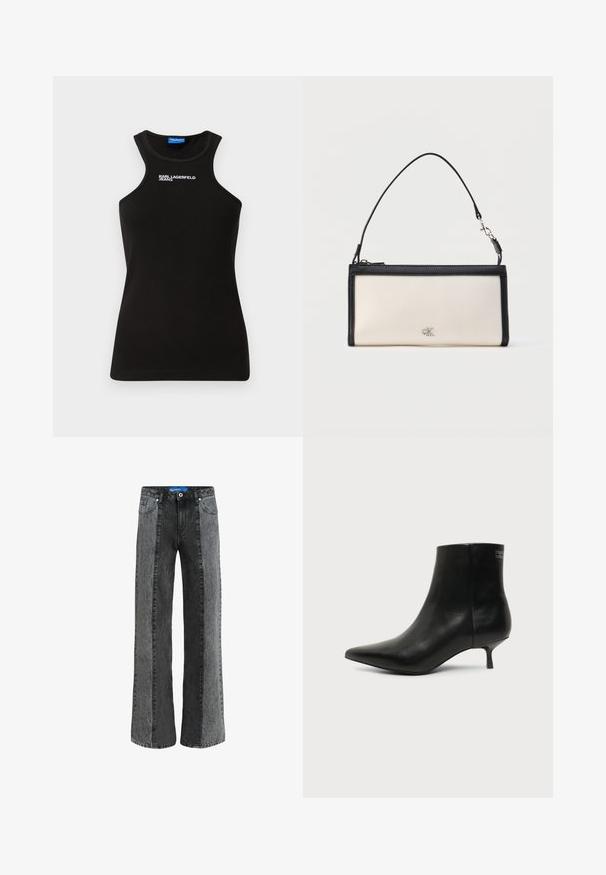 Camiseta negra de canalé con cuello alto y logo blanco "Karl Lagerfeld Jeans" centrado cerca del cuello.; Jeans de pierna ancha en denim negro y gris. Presentan una cintura alta con cierre de botón, cinco bolsillos y paneles verticales en contraste.; Botín de piel negra con puntera puntiaguda y tacón bajo estilo kitten sobre fondo claro, mostrando vista lateral exterior.; Clutch rectangular crema con ribete y asa negros, con un pequeño logo "cK" plateado en el centro delantero.