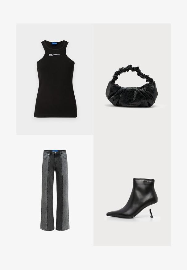 Camiseta negra de canalé con cuello alto y logo blanco "Karl Lagerfeld Jeans" centrado cerca del cuello.; Jeans de pierna ancha en denim negro y gris. Presentan una cintura alta con cierre de botón, cinco bolsillos y paneles verticales en contraste.; Botín de cuero negro con puntera puntiaguda y tacón de aguja plateado brillante sobre fondo blanco.; Bolso de mano de cuero negro texturizado con asa elástica fruncida y sutil logo "Karl Lagerfeld Jeans" en el centro inferior delantero.