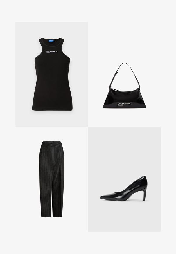 Sort ribbet tanktop med høj hals og hvidt "Karl Lagerfeld Jeans" logo centreret nær kraven.; Sorte bæltebukser med fine striber og vidde ben, der har en cropped længde og en foldet talje, der giver et skræddersyet udseende. Blødt stof.; Sort læder højhælede sko med spids tå, glat tekstur og en taperet hæl. Minimalistisk design uden yderligere udsmykninger.; Sort patentlæder håndtaske med en triangular form, der har en top lynlås og justerbar rem. Logoet "KARL LAGERFELD JEANS" i sølv.