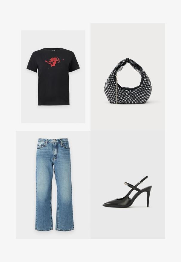 T-shirt noir à manches courtes avec un graphisme rouge d'un cupidon tenant un arc et une flèche, centré sur la poitrine.; Jeans en denim bleu clair avec une coupe large, cinq poches et une fermeture à bouton. Le tissu présente un léger délavage et une texture classique.; Escarpins slingback en cuir noir avec bout pointu, design ajouré et bride ajustable ornée de ferrures métalliques.; Sac à main en maille noire orné de clous en argent, avec une poignée incurvée et une bandoulière en chaîne. Texture douce avec une forme arrondie.