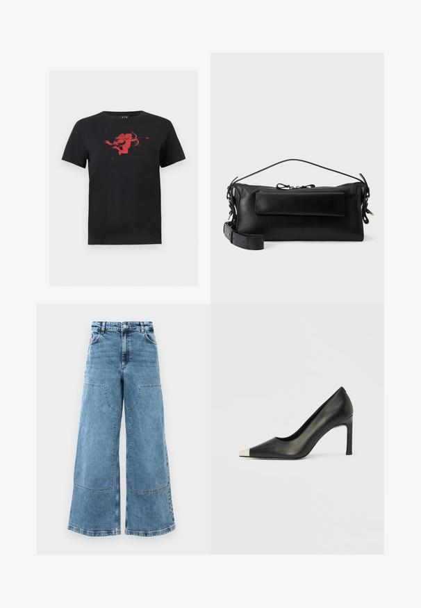 Camiseta negra de manga corta con un gráfico centrado en el pecho que muestra a un cupido rojo sosteniendo un arco y una flecha.; Jeans de denim celeste de piernas anchas con una cintura alta, grandes bolsillos frontales y costuras visibles. Presenta un diseño clásico de cinco bolsillos.; Zapato de tacón alto de cuero negro con punta en forma de pico y una tapa metálica plateada. Presenta un acabado suave y un tacón delgado de 10 cm.; Bolso de mano rectangular de cuero negro con asa corta, bolsillo frontal con solapa y correa de hombro ajustable sobre un fondo blanco.