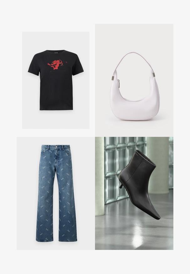 Sort kortærmet t-shirt med et rødt motiv af en amor, der holder en bue og pil, centreret på brystet.; Lyseblå denimjeans med bred bendesign, prydet med et gentaget 'lala' logo-mønster i hvid og en klassisk fem-lomme stil.; Sort læderankelstøvle med spids tå og lille hæl vist mod en væg af glasblokke og poleret gulv baggrund.; En buet, blød pink håndtaske lavet af glat kunstlæder, med en enkelt håndtag og et lynlåslomme med metalliske detaljer.