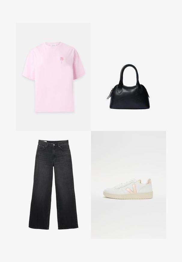 Hellrosa kurzärmeliges T-Shirt mit kleinem rotem Palmenmotiv auf der linken Brust und rundem Halsausschnitt.; Schwarze Jeans mit weitem Bein und hoher Taille, vorne mit Knopf- und Reißverschluss, Gürtelschlaufen und Fünf-Taschen-Design.; Weiße niedrige Sneaker mit perforierter Textur, ausgestattet mit metallisch roségoldenen Akzenten an der Seite und Rückseite. Gummisohle.; Schwarze Lederhandtasche mit abgerundeter Form, zwei Griffen und Reißverschluss. Verfügt über eine glatte Oberfläche und gestickte Details.