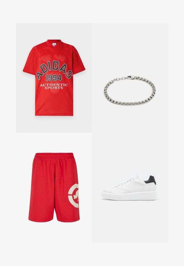 Punainen, rei'itetty Adidas-urheilupaita, jossa on edessä teksti "ADIDAS 1994 AUTHENTIC SPORTS" ja V-kaula-aukko.; Punaiset puuvillashortsit, joissa on joustava vyötärö, ja vasemmassa jalassa suuri valkoinen graafinen kuviointi sekä sileä pinta.; Valkoinen nahkakenkä mustalla kantapäällä, tasaiset nauhat, teksturoitu välikenkä ja brändäys ulkosivulla. Suunniteltu arkikäyttöön.; Hopeaketju, joka koostuu toisiinsa kytkeytyvistä lenkeistä, sileä pinta ja turvallinen suljin. Yksinkertainen, metallinen muotoilu, joka on kiillotettu.