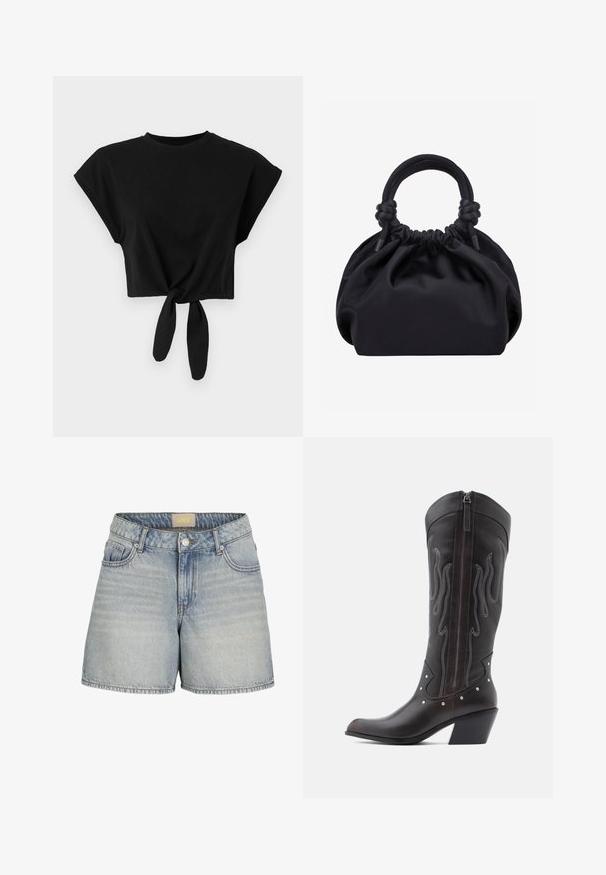 Schwarzes cropped T-Shirt aus weicher Baumwolle, mit kurzen Ärmeln und Knotendetail am Saum. Einfache und glatte Textur.; Helle blaue Denim-Shorts mit hoher Taille, ausgestattet mit einem Knopfverschluss, fünf Taschen und subtilen Ausbleichungen für einen texturierten Look.; Braune Cowboy-Stiefel aus Leder mit Flammenstickerei, seitlichem Reißverschluss, silbernen Nieten, spitzer Zehenpartie und geschichtetem Absatz.; Schwarze weiche Stoffhandtasche mit gerafftem oberen Rand und runden, gepolsterten Griffen, die auf jeder Seite mit Knoten gebunden sind.