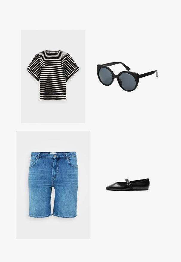 Schwarz-weiß gestreiftes Kurzarmoberteil mit Rundhalsausschnitt und lockerer Passform, dargestellt auf einem einfarbigen hellgrauen Hintergrund.; Jeansshorts in Mittelblau, mit geradem Schnitt, Fünf-Taschen-Design und Knopfverschluss. Weicher Stoff, saubere, gesäumte Kanten.; Schwarze flache Schuhe aus Leder mit spitzem Fuß, verstellbarem Riemen mit einer Metallschnalle, glatter Textur und minimalistischem Design.; Schwarze übergroße Sonnenbrille mit Katzenaugenform, dunkel getönten Gläsern und glänzendem Kunststoffrahmen. Verfügt über dicke Bügel für Unterstützung.