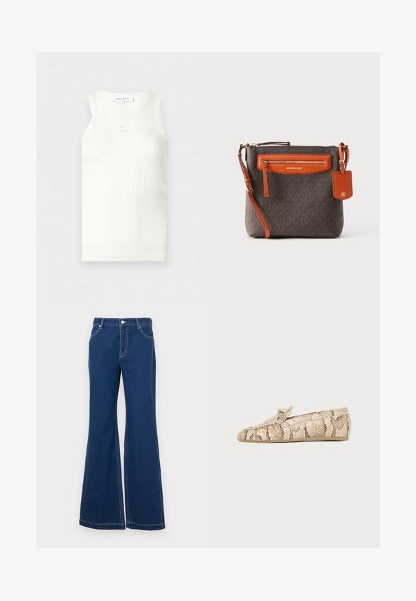 Top blanco sin mangas con textura acanalada, cuello redondo y pequeño detalle bordado de un zorro debajo del cuello, etiquetado Maison Kitsuné.; Jeans acampanados de un azul oscuro, fabricados en denim. Incluyen bucles para cinturón, bolsillos frontales y costuras en contraste. Apertura de pierna amplia.; Mocasín plano beige y marrón con estampado de piel de serpiente, punta redondeada y detalle de hebilla en la parte superior, mostrado de lado sobre un fondo liso.; Bolso cruzado de diseño marrón con detalles en cuero naranja, bolsillo frontal con cremallera, correa ajustable y etiqueta con marca sobre fondo liso.