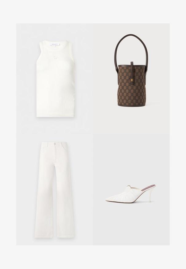 Witte geribbelde mouwloze top met een ronde halslijn en een klein geborduurd vosdetail onder de kraag, gelabeld Maison Kitsuné.; Witte, hoogwaist, wijde jeans van denim. Heeft een knoopsluiting, twee voorkruiszakken en zijnaadstiksel details.; Witte mules met een puntige neus, geplooide textuur op het bovenwerk en een slanke naaldhak. Gladde oppervlakte en minimalistisch ontwerp.; Bruine emmerzak met een donker geometrisch patroon, donkere leren afwerking, enkele handgreep bovenaan en een sluiting met gouden toon op de voorste band.