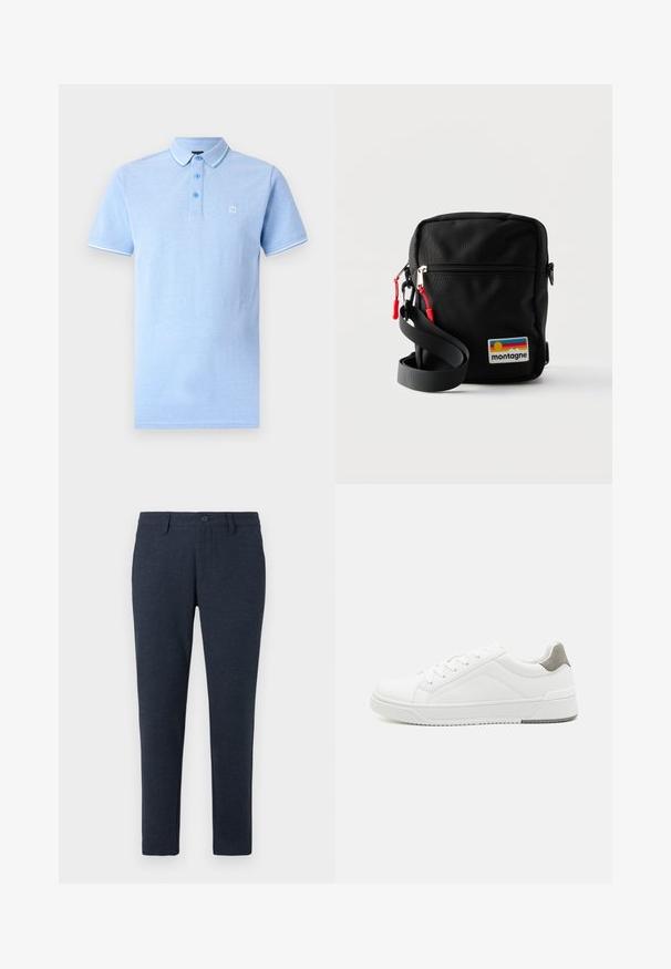 Hele sinine polo särk, mis on valmistatud pehmest kangast. Omab kraed, kolme nupuga avamist ja kontrastset valget äärestust varrukatel.; Tumedat merevööd ja külgtaskutega slim-fit püksid, esitene nööp ja esiküljel taskud, esitatud valgel taustal.; Valge tenniseking sileda nahaga, ümar varvas, minimalistlik disain, hall kand, ja tekstureeritud kummist tald.; Kompaktne must risti kehaga kott esiosa lukuga tasku, punased lukugripid, reguleeritav rihm ja värvikas "montagne" logo plaastriga.