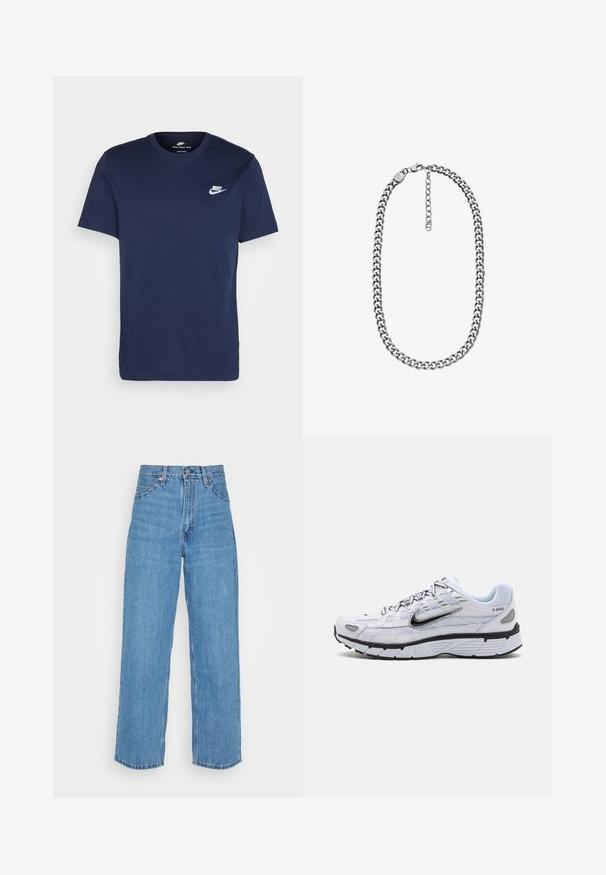 T-shirt en coton bleu marine avec un col rond et des manches courtes. Présente un logo Nike blanc sur la poitrine à gauche et un ourlet droit.; Jean en denim bleu clair avec une taille haute et une coupe évasée. Comprend cinq poches, une fermeture à bouton en métal et un ourlet droit.; Baskets de course blanches avec une tige en mesh, bout arrondi, accents noirs et semelle à motif. Comprend des lacets et une marque sur le côté.; Collier chaîne curb ton argent avec fermoir mousqueton et chaîne d'extension réglable sur fond blanc.