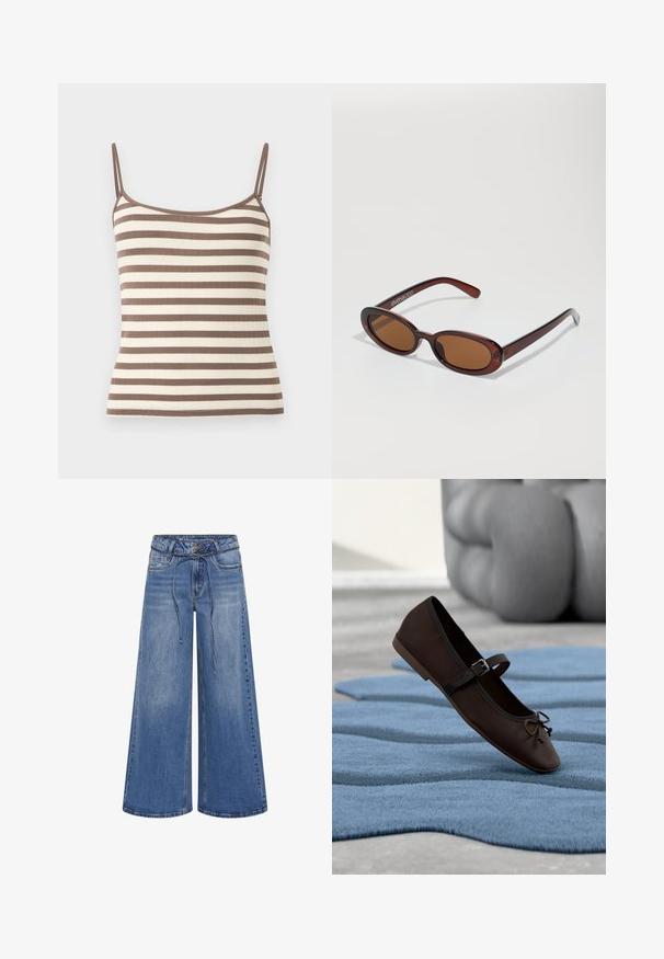 Brun og hvid vandret stribet ribbet camisole med tynde skulderstropper.; My Essential Wardrobe MWKARO 144 MID XWIDE - Wide leg - medium blue wash; Mørkebrun Mary Jane-flad sko med spænde og sløjfedetalje, der hviler på en bølget blå tekstureret tæppe med grå polstret sofa i baggrunden.; Runde, bruntonede solbriller med en glansfuld bordeauxramme. Slanke arme med diskret brandingdetalje. Flad linsedesign.