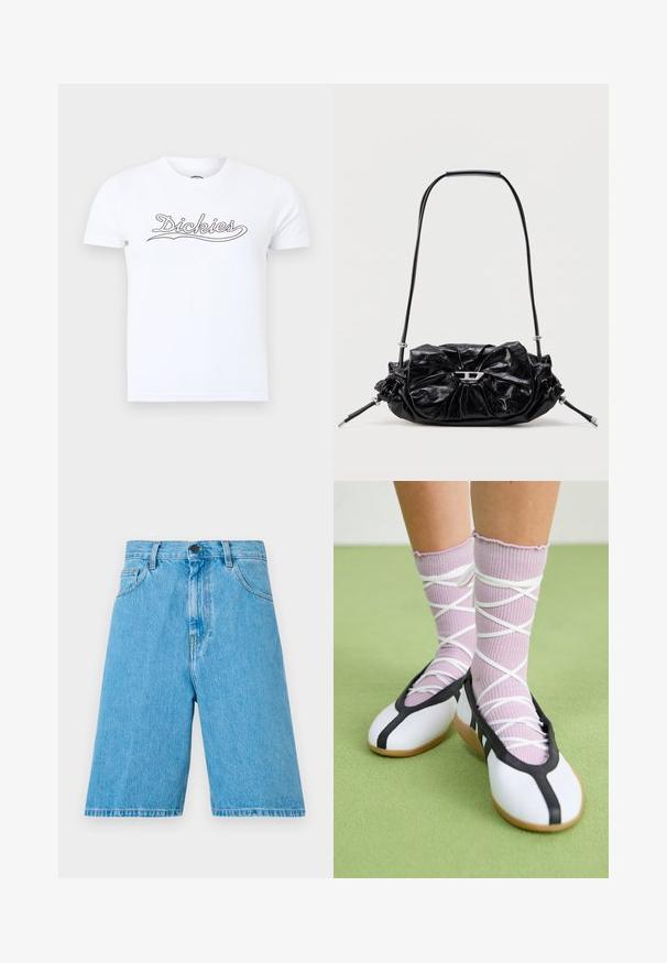 Valge lühikeste varrukatega t-särk, millel on ümar kaelus ja rinnal mustas kirjas "Dickies" logo tavalise taustaga.; Heledad sinised teksashortsid, laia lõikega, millel on vööloopsud, nööbikinnitus ja ees taskud. Kangas on sileda tekstuuriga.; Jalgu ribaga lillasid punutud sokid valgete ristikkäiste rihmadega ning valgete tantsujalatsitega musta äärtega rohelisel põrandal.; Mustast nahast käekott, millel on kokku kogutud disain ja ees lipsukaunistus. Varustatud lühikese sangaga ja hõbedaste metalldetailidega.