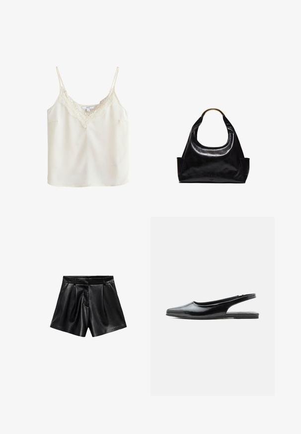 Kremfarvet ærmeløs camisole med tynde stropper og blonder langs V-udskæringen, vist på en ensfarvet baggrund.; Højtaljede shorts i sort kunstlæder med sidelommer, frontfolder, bæltestropper og en skjult lynlåslukning foran.; Sort laklæder flad slingback-sko med spids tå og lav hæl på hvid baggrund.; Sort læderhåndtaske med buet håndtag i guldfarvet metal og sidelommer, glat skinnende finish, afrundet trapezform.
