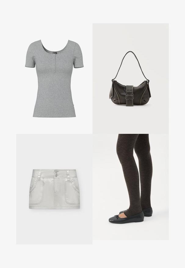 Haut gris côtelé à manches courtes avec un col rond en U et quatre petits boutons en ligne au centre devant.; Mini-jupe blanche avec deux poches avant, passants pour ceinture et fermeture à double bouton sur fond uni.; Jambes portant des leggings côtelés foncés associés à des ballerines noires avec de petits détails en nœud sur fond blanc.; Sac à épaule en cuir noir avec une sangle à boucle, des bords arrondis et des coutures blanches contrastées sur un fond uni.