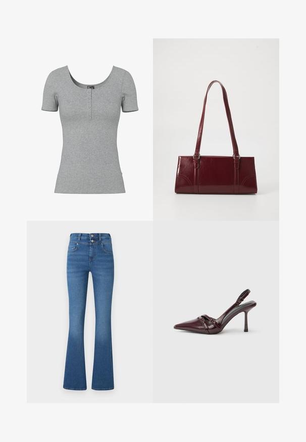 Haut gris côtelé à manches courtes avec un col rond en U et quatre petits boutons en ligne au centre devant.; Jean flare bleu en denim, avec taille haute, deux poches avant, légères décolorations et fermeture à double bouton.; Escarpin slingback en cuir verni bordeaux avec bout pointu, fine bride à la cheville et petit détail décoratif de boucle. Texture lisse et talon haut.; Sac à main bordeaux en matériau brillant, de forme rectangulaire, avec deux anses et des accents légèrement courbés à l'avant.