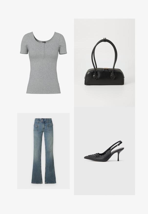 Haut gris côtelé à manches courtes avec un col rond en U et quatre petits boutons en ligne au centre devant.; Jean en denim bleu taille haute avec double fermeture à boutons, fermeture éclair devant, poches zippées et jambes évasées sur fond uni.; Escarpin en cuir noir à talon aiguille avec un bout pointu, une bride latérale à boucle, des clous le long du bord et un laçage décoratif à l'avant.; Sac à main en cuir noir avec deux anses allongées, fermeture éclair et forme arrondie ; texture lisse avec une finition légèrement brillante.
