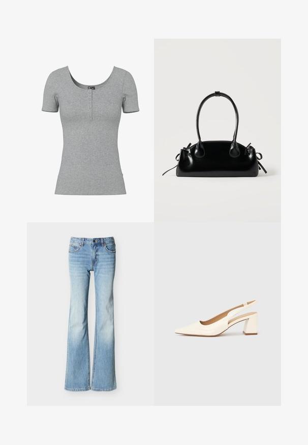 Haut gris côtelé à manches courtes avec un col rond en U et quatre petits boutons en ligne au centre devant.; Jean denim bleu clair taille haute avec jambes évasées, poches avant et fermeture à bouton et fermeture éclair, présenté sur un fond blanc.; Escarpin slingback en cuir verni crème brillant, avec un bout pointu et un talon carré épais pour la stabilité. Design minimaliste, sans ornements.; Petit sac à main noir brillant avec deux longues anses et des détails à cordon sur les côtés sur un fond clair uni.
