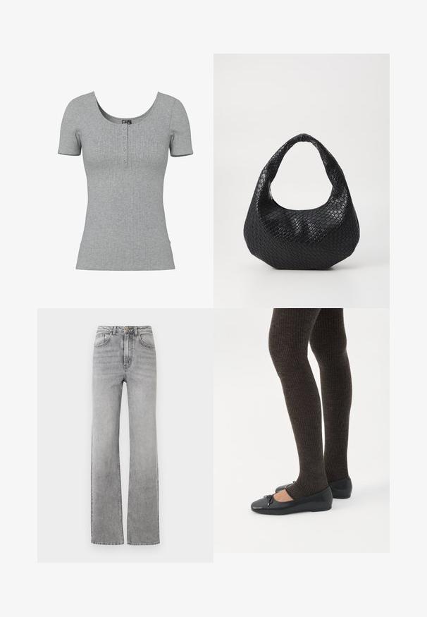 Grijs geribd kort mouw shirt met een ronde halslijn en vier kleine knopen middenvoor.; Rechtersleg faded grijze denim jeans met een knoop- en ritssluiting, voorzakken en riemlussen op een witte achtergrond.; Benen met donkere geribbelde leggings gecombineerd met zwarte ballerina's met kleine strikdetails op een witte achtergrond.; Zwarte geweven handtas met een gebogen handvat, met een gestructureerd oppervlak en een slouchy vorm. Gladde afwerking met een organische silhouette.