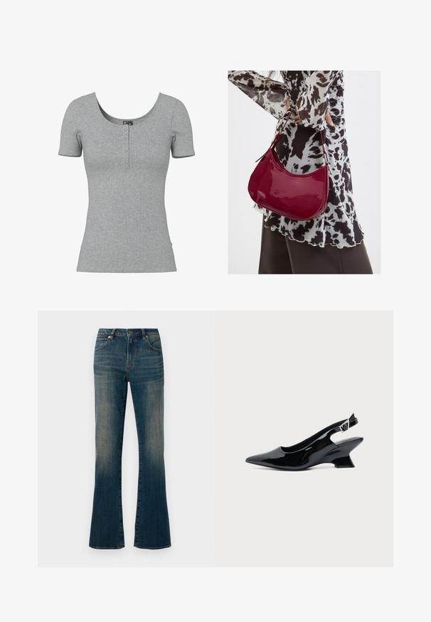 Grau geripptes Kurzarmshirt mit Rundhalsausschnitt und vier kleinen Knöpfen in der Mitte vorne.; Ausgestellte blaue Denim-Jeans mit leicht verblichenem Finish, Fünf-Taschen-Design, Knopfverschluss und genähten Details entlang der Nähte.; Schwarzer Slingback-Schuh aus Lackleder mit spitzer Spitze und niedrigem, schrägem Blockabsatz auf einfachem hellem Hintergrund.; Frau trägt eine schwarz-weiß gemusterte Bluse und hält eine glänzende rote Schultertasche vor einem einfarbigen Hintergrund.