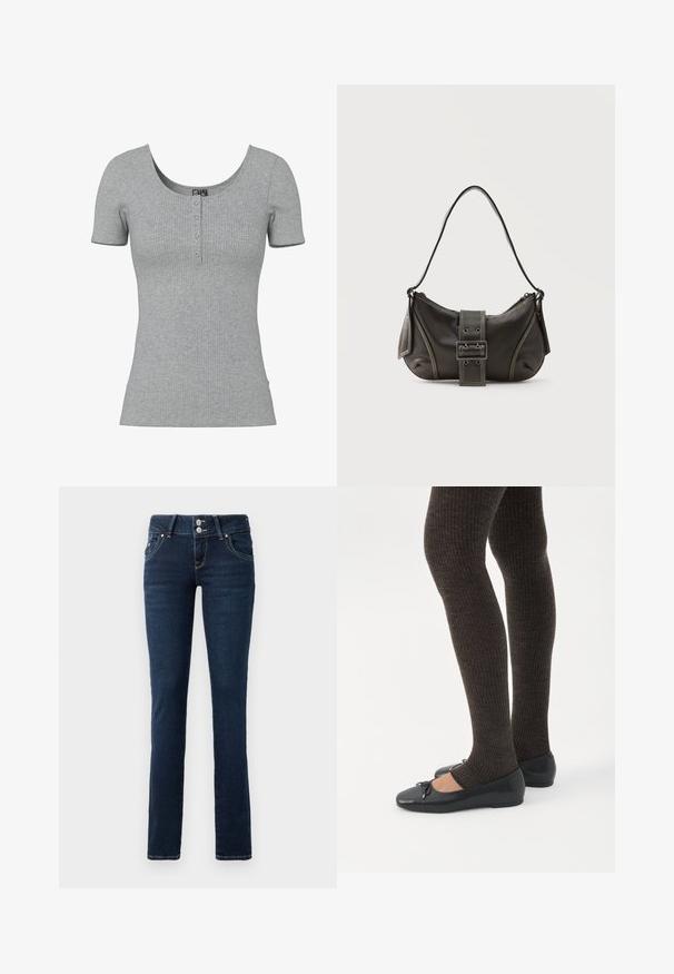 Grijs geribd kort mouw shirt met een ronde halslijn en vier kleine knopen middenvoor.; Donkerblauwe skinny jeans met dubbele knoopsluiting, voorzakken en gele stiksel op een witte achtergrond.; Benen met donkere geribbelde leggings gecombineerd met zwarte ballerina's met kleine strikdetails op een witte achtergrond.; Zwarte leren schoudertas met gespsluiting aan de riem, afgeronde hoeken en contrasterende witte stiksels op een effen achtergrond.