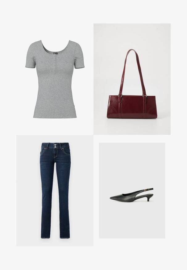 Grijs geribd kort mouw shirt met een ronde halslijn en vier kleine knopen middenvoor.; Donkerblauwe skinny jeans met dubbele knoopsluiting, voorzakken en gele stiksel op een witte achtergrond.; Zwarte puntschoen met slingback van soepel leer. Kenmerkt zich door een dunne hak en een gespdetail op de verstelbare band.; Bourgondische handtas van glanzend materiaal, rechthoekige vorm, met twee schouderbanden en subtiele gebogen accenten aan de voorkant.