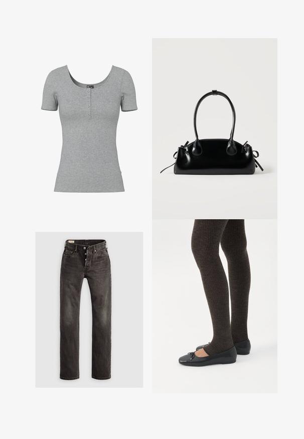 Top gris de manga corta con costillas, escote en forma de U y cuatro pequeños botones en el centro delantero.; Jeans rectos de color gris oscuro de mezclilla, con cierre de botones, diseño de cinco bolsillos y un sutil desgaste en la tela.; Piernas con leggings oscuros acanalados combinados con bailarinas negras que presentan pequeños detalles de lazo sobre un fondo blanco.; Pequeño bolso negro brillante con dos asas largas y detalles de cordón lateral sobre un fondo claro liso.