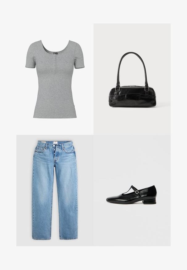 Grijs geribd kort mouw shirt met een ronde halslijn en vier kleine knopen middenvoor.; Lichtblauwe spijkerbroek met een recht model, vijf zakken en een knoopsluiting. Heeft gestikte details en een nette zoom.; Zwarte leren Mary Jane schoenen met een puntige neus, een kleine blokhak en een verstelbare riem met een zilveren gesp. Gladde, glanzende textuur.; Zwarte leren handtas met een rechthoekige vorm, voorzien van een enkele gestructureerde handgreep, zilveren hardware en ritsluiting. Gladde textuur.