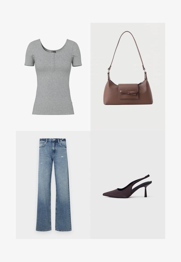 Top gris de manga corta con costillas, escote en forma de U y cuatro pequeños botones en el centro delantero.; Jeans de mezclilla azul claro con cintura alta, diseño de pierna ancha, ligera desgastación y estructura tradicional de cinco bolsillos.; Zapato de tacón con tira trasera en tela color púrpura oscuro. Diseño de punta rematada, laterales abiertos y tacón delgado de forma cuadrada. Textura suave.; Bolso bandolera de cuero marrón con un bolsillo frontal de solapa que presenta un detalle de moño cosido y una correa ajustable.