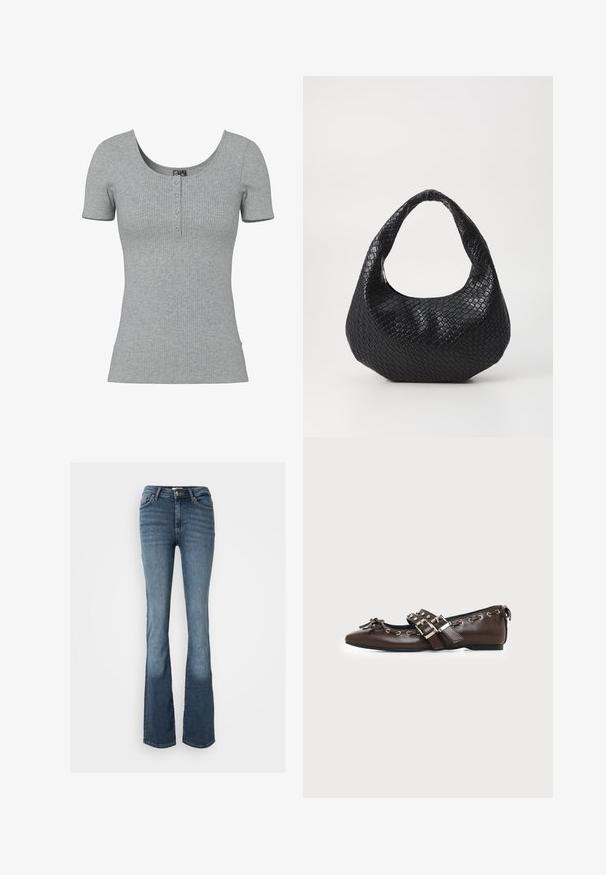 Grå ribbet kortærmet top med en rund Halsudskæring og fire små knapper ned foran midt på.; Bootcut jeans lavet af blåt denim. Har en mid-rise talje, fem lommer, diskrete syninger og et let falmet udseende på benene.; Mørkebrune lædersko med flad sål og spids snude, dobbelt sølvsnørrebånd, metaløjer og dekorativ sløjfe foran.; Sort flettet håndtaske med et buet håndtag, der har en struktureret overflade og en afslappet form. Glat finish med en organisk silhuet.