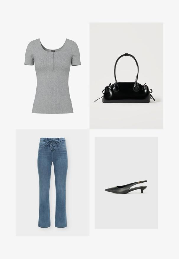 Haut gris côtelé à manches courtes avec un col rond en U et quatre petits boutons en ligne au centre devant.; Jean bleu taille haute avec un détail lacé à l'avant et deux poches, coupe jambe droite, présenté sur un fond blanc uni.; Chaussure slingback noire à bout pointu en cuir lisse. Présente un talon fin et un détail de boucle sur la sangle réglable.; Petit sac à main noir brillant avec deux longues anses et des détails à cordon sur les côtés sur un fond clair uni.