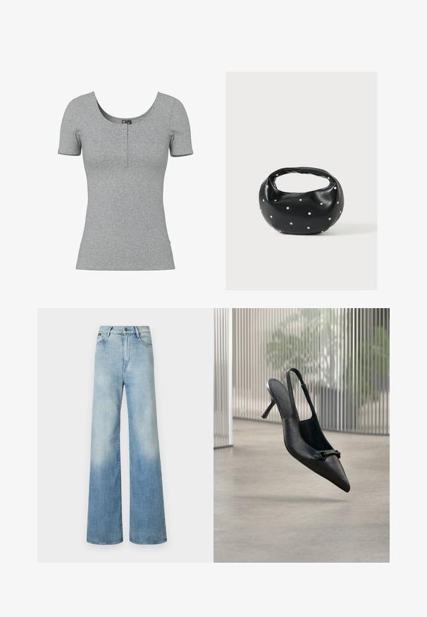 Grijs geribd kort mouw shirt met een ronde halslijn en vier kleine knopen middenvoor.; Lichtblauwe wijde jeans van denim, met een hoge taille, vijf zakken en subtiele vervaging langs de benen.; Zwarte, gestructureerde leren slingback hoge hak schoen met een puntige neus en een kleine decoratieve gesp, zwevend boven een gladde vloer.; Zwarte leren handtas met een afgeronde vorm, versierd met zilveren studs, en een korte handgreep. Gladde textuur en ritsluiting.