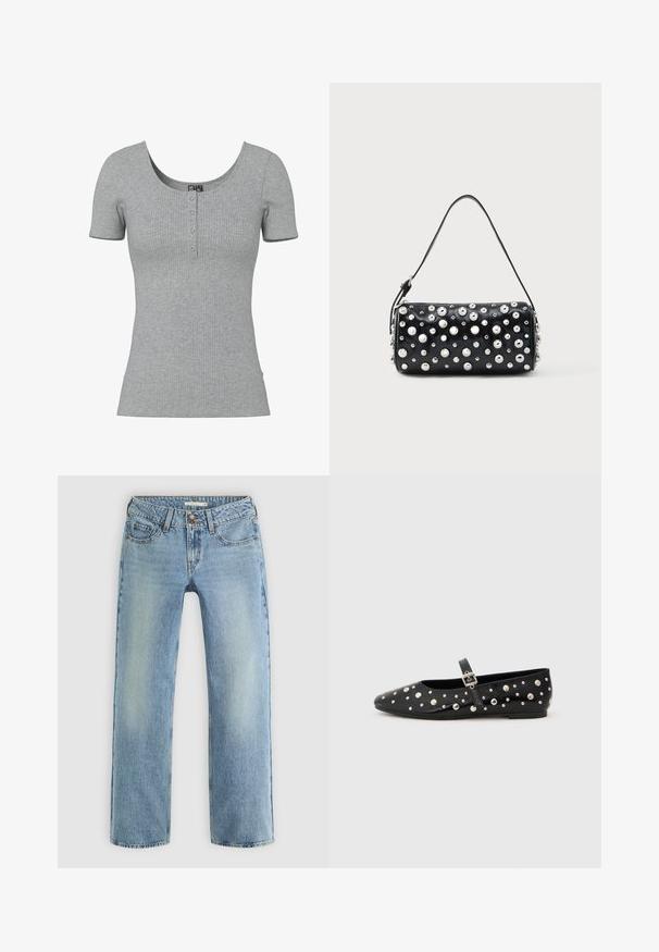 Haut gris côtelé à manches courtes avec un col rond en U et quatre petits boutons en ligne au centre devant.; Jeans droits bleu clair en denim, dotés d'une fermeture à bouton, de cinq poches et d'un léger dégradé le long des jambes.; Ballerines en cuir noir avec un bout pointu, ornées de clous en argent et d'une sangle à boucle sur le côté. Surface texturée avec une semelle plate.; Sac à main en cuir noir à forme arrondie, orné de clous argentés. Comprend une bandoulière amovible et une fermeture éclair. Texture lisse.