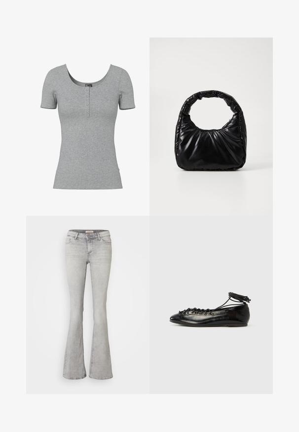 Grijs geribd kort mouw shirt met een ronde halslijn en vier kleine knopen middenvoor.; Grijze denim jeans met een flared pasvorm, een aansluitende taille, vijf zakken en een lichte vervaging. Voorzien van een knoopsluiting en gestikte zoom.; Zwarte ballerina's van lakleer met een afgeronde neus, veterdesign en een platte zool. Glad oppervlak met minimale details.; Zwarte gevoerde handtas met een ronde handgreep, met een gladde, glanzende oppervlakte en een zachte, gewatteerde textuur. Geen zichtbare metalen onderdelen of accenten.