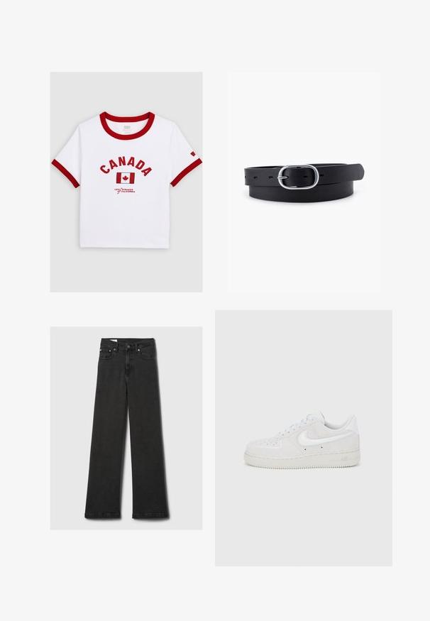 Wit T-shirt met korte mouwen met rode bies, tekst "CANADA", Canadese vlag en "Levi Strauss California" logo op de voorkant.; Zwarte high-waisted straight-leg jeans met vijf zakken en koperen klinknagels, plat gelegd op een lichtgrijze achtergrond.; Witte suède Nike Air Force 1 sneaker met een gestructureerde afwerking, ronde neus en contrasterend wit logo-accent, voorzien van een rubberen zool.; Zwarte leren riem met een gladde textuur, ovaal zilveren metalen gespsluiting en meerdere verstelgaten langs de band. Platte, minimalistische uitstraling.