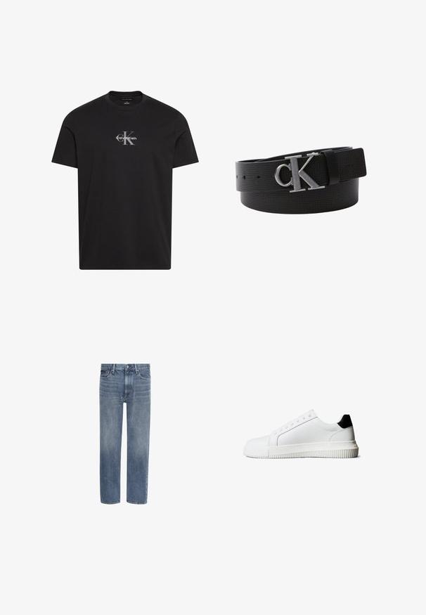 T-shirt noir à manches courtes col rond avec un logo gris "cK" centré et un texte blanc "Calvin Klein" sur la poitrine.; Jean en denim bleu à jambes droites, avec poches avant, passants de ceinture et fermeture par bouton.; Baskets en cuir blanc avec un accent noir au talon, équipées de lacets plats, d'un bout arrondi et d'une semelle en caoutchouc rainurée pour une meilleure adhérence.; Ceinture en cuir noir texturé avec une boucle en métal argenté "CK", enroulée avec des trous de fixation visibles et une boucle de ceinture.