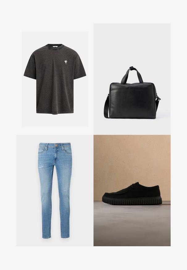 T-shirt gris charbon à manches courtes avec col rond et petite broderie blanche de palmier sur le côté gauche de la poitrine.; Jean en denim bleu clair avec une coupe slim, présentant des détails légèrement déchirés et un design à cinq poches, fini par une fermeture à bouton standard.; Chaussure décontractée noire basse avec bout arrondi, lacets à l'avant, texture semblable à du daim et semelle épaisse à nervures, présentée en profil latéral sur fond blanc.; Sac de voyage en cuir noir de forme rectangulaire, avec deux poignées, une bandoulière amovible et des ornements minimalistes.