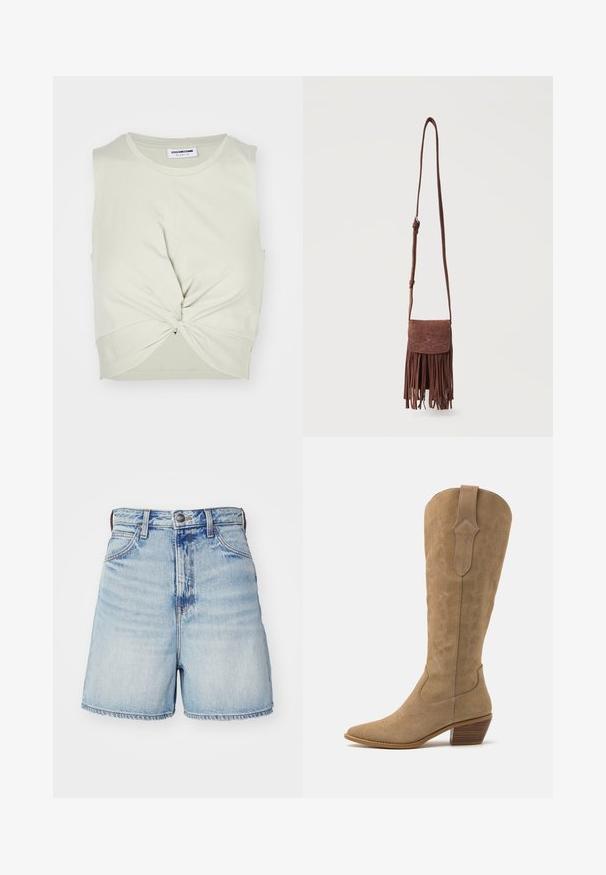 Noisy May NMTWIGGI - Débardeur - agate gray; Shorts en denim bleu clair à taille haute, avec cinq poches, une fermeture à bouton et un ourlet effiloché. Texture lisse avec des zones décolorées.; Bottes de cowboy en daim beige avec un bout pointu, une tige de hauteur intermédiaire et des coutures décoratives sur les côtés. Présente un talon en bois empilé.; Sac bandoulière en suède marron avec longue sangle, motif décoratif cousu sur le rabat, et franges pendantes le long du bord inférieur.