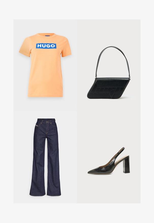 Pfirsichfarbenes T-Shirt mit kurzen Ärmeln und Rundhalsausschnitt, mit einem markanten blauen rechteckigen Logo "HUGO" mittig auf der Brust.; Dunkelblaue weite Jeans aus Denimstoff mit hoher Taille, ausgestattet mit orangefarbenen Nähten, fünf Taschen und einem Knopfverschluss.; Schwarzer Leder-Slingback-Schuh mit spitzer Kappe, hohem Blockabsatz und beigegefüttertem Innenraum vor hellem, einfarbigem Hintergrund.; Schwarze Leder-Umhängetasche mit dreieckiger Form, geprägt mit Logo und einem einzigen verstellbaren Riemen. Minimalistisches Design mit glatter Textur.