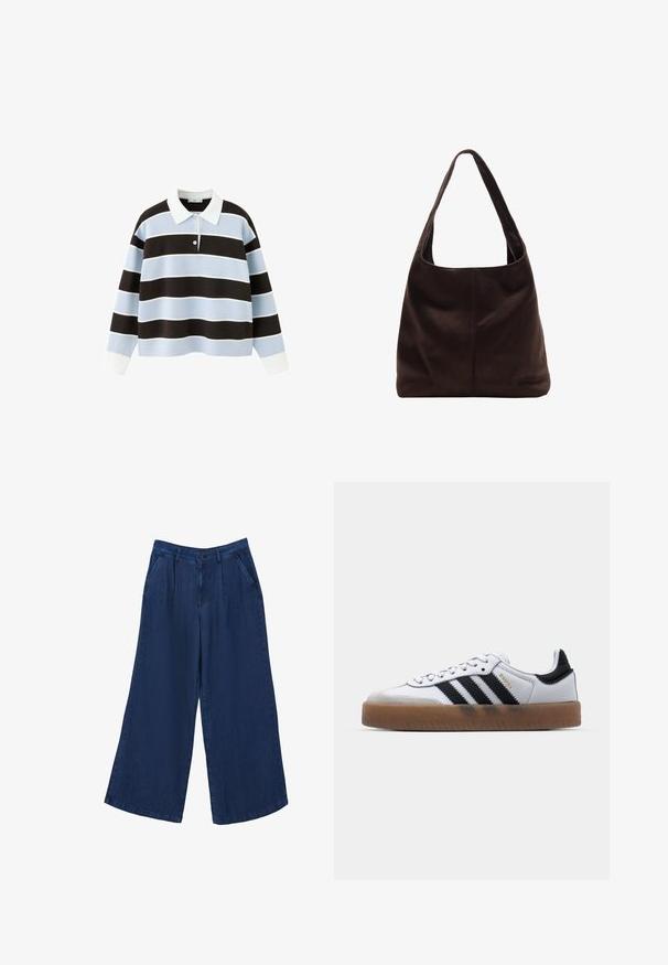 Langärmeliges Poloshirt mit breiten horizontalen hellblauen und dunkelbraunen Streifen und weißem Kragen und Manschetten auf weißem Hintergrund.; Weite Jeanshose in Dunkelblau. Sie verfügt über zwei Fronttaschen, einen Knopfverschluss und hat eine glatte Textur mit einem leichten Stoff.; Weiße Leder Sneakers mit schwarzen Streifen, Gummigummi-Außensohle, runder Zehenform, Schnürverschluss und weichem grauem Wildleder-Zehenkappe.; Braune Wildleder-Schultertasche mit breitem, flachem Griff. Weiches, unstruktiertes Design mit einer zentralen Naht. Keine sichtbaren Beschläge oder Verzierungen.