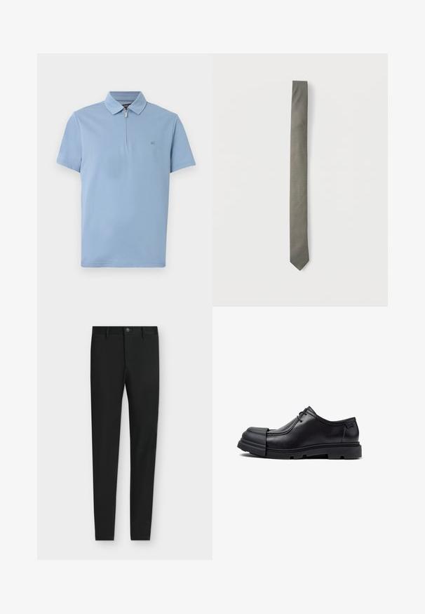 Lyseblå polo t-shirt med korte ærmer, lynlås fortil, lille broderet logo på venstre bryst og klassisk krave.; Sorte slimfit bukser med bæltestropper, knaplukning og forlommer, vist fladt på en lysegrå baggrund.; Sort læder snøresko med forlænget gummitåhætte og kraftig sål, set fra siden mod en hvid baggrund.; Slank gråt slips med fint hvidt mikrotjekmønster lagt fladt på en hvid baggrund.