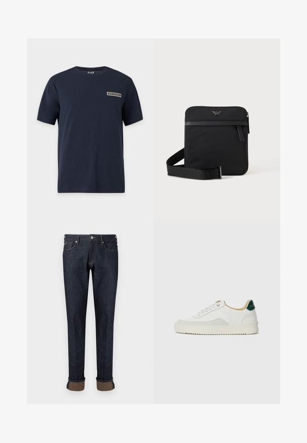 Camiseta azul marino de manga corta con un pequeño parche rectangular con el logo EA7 Emporio Armani en el pecho izquierdo y etiqueta EA7 en el interior del cuello.; Vaqueros de mezclilla azul oscuro con diseño de pierna recta, que presentan un dobladillo vuelto y un detalle de tela de marca en color marrón claro en los puños.; Zapatilla blanca con acentos de ante, puntera redondeada, cordones planos y suela de goma color crema. Presenta un logo verde en el talón.; Bolso de hombro negro cuadrado con cierre de cremallera, bolsillo delantero y correa ajustable con nombre de marca en relieve.
