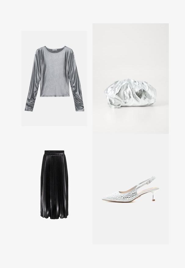 Haut à manches longues argenté avec une texture lisse et brillante. Présente un col rond et des détails froncés au niveau des poignets.; Jupe midi plissée noire avec une finition brillante, taille élastique et plis verticaux prononcés, offrant une apparence texturée et fluide.; Chaussure à talon kitten slingback argentée avec bout pointu et ornements scintillants en strass sur le dessus.; Pochette argent métallique avec un corps doux et froncé et une fine bandoulière. Présente une texture lisse et brillante ainsi qu'une forme arrondie.