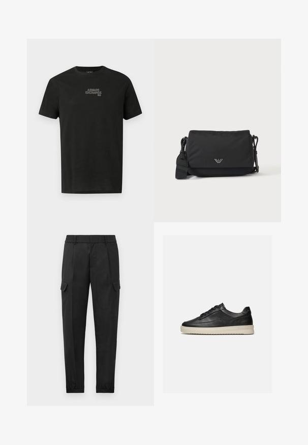 Camiseta de algodón negra con mangas cortas, cuello redondo y un logotipo bordado en contraste de "Armani Exchange" en el pecho.; Pantalones cargo negros con una cintura elástica, pierna ajustada, bolsillos laterales y un solo bolsillo cargo en el muslo izquierdo. Textura suave.; Zapatilla baja negra de cuero con cordones negros y una gruesa suela de goma color blanco roto, mostrada sobre un fondo blanco.; Bolso bandolera negro con correa ajustable y pequeño emblema de logo plateado en la solapa frontal, mostrado sobre un fondo claro y liso.