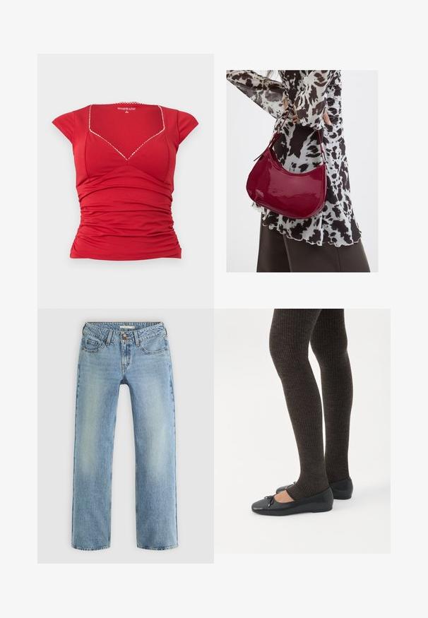 Rød tætsiddende top med korte ærmer, firkantet halsudskæring, diskret bølget hvid kant og rynket detalje ved taljen.; Lyseblå lige ben jeans lavet af denim, med knaplukning, fem lommer og subtil falmning langs benene.; Ben iført mørke ribbede leggings kombineret med sorte balletsko med små sløjfedetaljer på hvid baggrund.; Kvinde iført en sort- og hvidmønstret bluse, der holder en blank rød skuldertaske mod en ensfarvet baggrund.