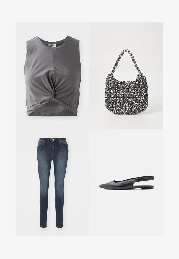 Γκρι αμάνικο crop top φτιαγμένο από απαλό βαμβάκι, με λεπτομέρεια στριφτού μπροστινού μέρους και εφαρμοστή σχεδίαση. Λείο υλικό με στρογγυλή λαιμόκοψη.; Σκούρο μπλε skinny jeans από τζιν με μπροστινές τσέπες, ανοιχτό φερμουάρ και κλείσιμο με ασημένιο κουμπί. Διαθέτει απαλές γραμμές και ξεθωριασμένα σημεία.; Μαύρο δερμάτινο μοκασίνι με αιχμηρή μύτη, πλατφόρμα χαμηλού τακουνιού και ρυθμιζόμενο λουράκι στον αστράγαλο, σε ανοιχτό φόντο.; Πλεκτή τσάντα χρώματος μαύρου και άσπρου με στρογγυλό σχήμα, υφή και πλεκτή λαβή. Κατάλληλη για καθημερινή χρήση.